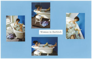 Four photos of a display window featuring a female mannequin sitting in an old fashioned bathtub full of ice cubes made of light blue tissue paper. There are several Rock & Roll Beer cans about, and she is smoking Kool cigarettes. On a stool next to her is a guidebook on Alaska, and her clothes are on the floor. She's reading a Jack London book.