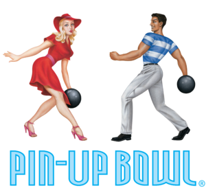 Pin-Up Bowl logo featuring blue art deco text and illustrations of a man and woman bowling